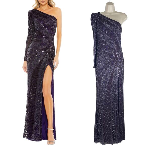 Mac Duggal Beaded One Shoulder Evening Gown Aubergine 5649 Size 6 - Picture 1 of 13